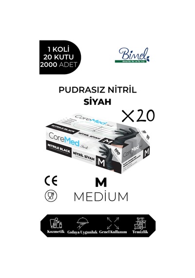 Nitril Siyah Pudrasız Muayene Eldiveni M - 1 Koli-20 Paket-2000'li