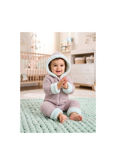 Tatlı Unisex Bebek Örgü Triko Tulum Welsoft Peluş Manşetli Kapüşonlu Fermuarlı Kışlık Bebek Kozmonot Tulumu Lila