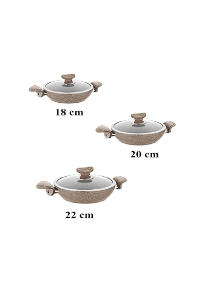 Oms Bio Granit 6 Parça Kapaklı Sahan Seti Kahve Yapışmaz Biogranit 18-20-22 Cm Kahverengi