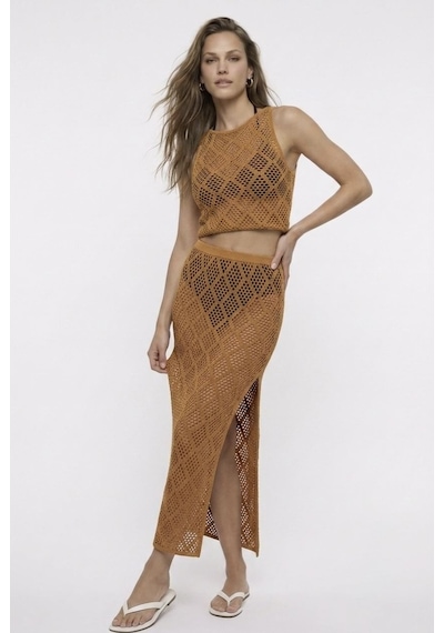 Neden Tekstil Dantel Görünümlü Ajurlu Beachwear Crop Top Ve Yırtmaçlı Uzun Etek Triko Takım - Safran Neden Tekstil Dantel Görünümlü Ajurlu Beachwear Crop Top Ve Yırtmaçlı Uzun Etek Triko Takım - Safran