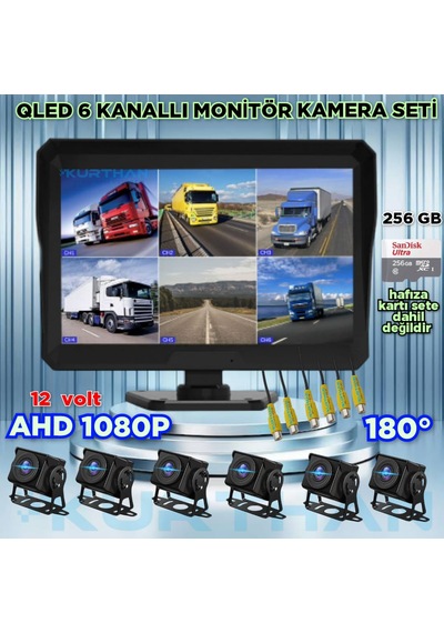 Qled 10'' Dvr Monitör 6 Adet 1080p Ahd 180 Derece Kamera 12 V