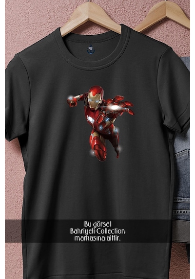 Oversize İronman Sinematik Tasarımlı Unisex T-shirt Siyah