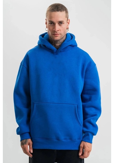 Barlashive Erkek Oversize 3 İplik Pamuklu Kapüşonlu Kanguru Cepli Hoodie Sweatshirt - Saks Mavisi Çok Renkli