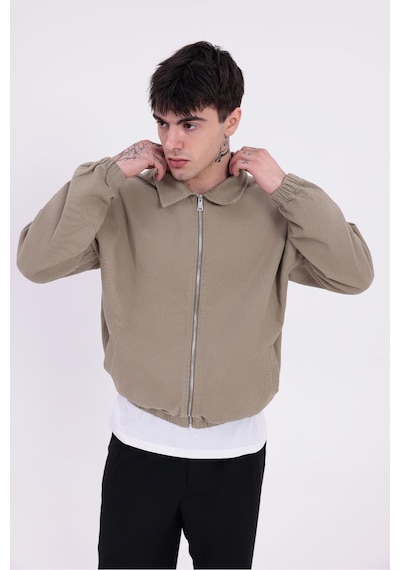 Erkek Gabardin Kumaş Fermuarlı Oversize Beli Lastikli Mevsimlik Ceket-265 Haki