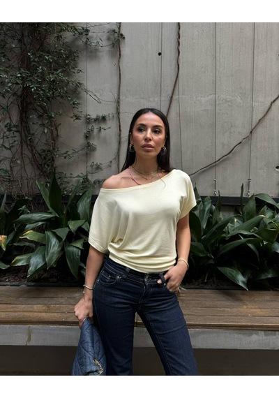 Lea Basıc Belden Oturan Düşük Omuz Kısa Kollu Pamuk Bluz Sari