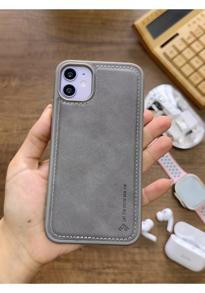 Apple iPhone 11 Uyumlu Premium Deri Dokulu Darbelere Karşı Dayanıklı Nazal Silikon Kılıf Gri