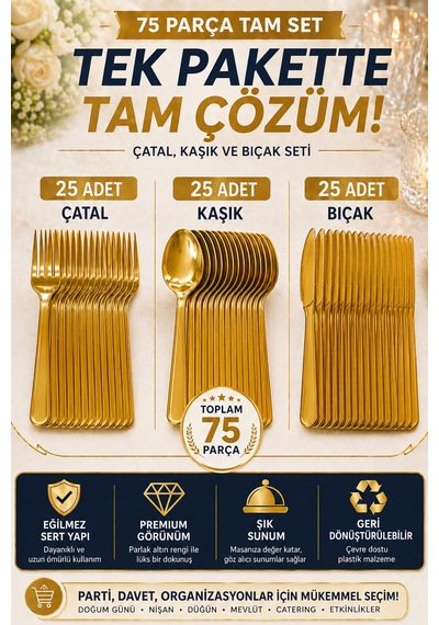 25'li Set Altın Plastik Çatal Kaşık Bıçak Seti Sert Lüks Kullan At Parti Davet Servis Seti