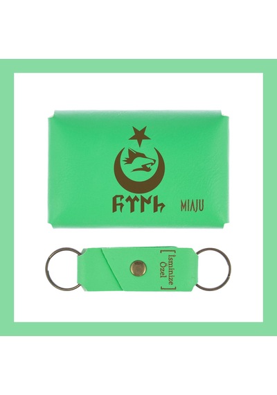 Miaju Fıstık Yeşil, Bozkurt Ay Yıldız Desenli, İsme Özel Cüzdan Ve Anahtarlık Set, Mükemmel Anı Hediyesi Fıstık Yeşil