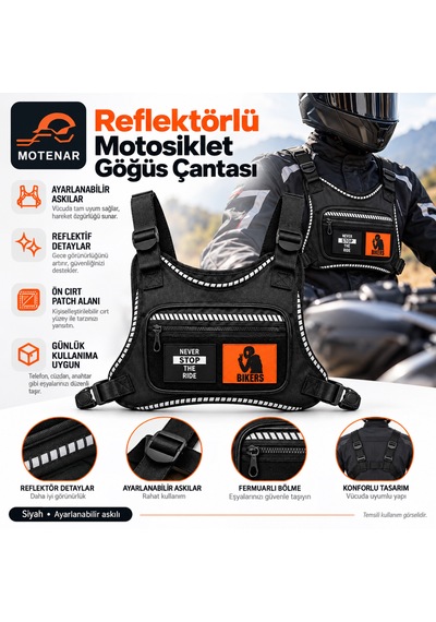 Motenar Reflektörlü Motosiklet Göğüs Çantası Askılı Siyah
