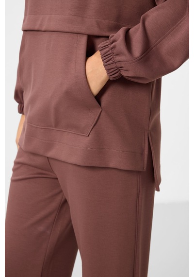 Kahverengi Yumuşak Dokulu Kapüşonlu Oversize Kadın Eşofman Tunik Takım - 95348 Kahverengi