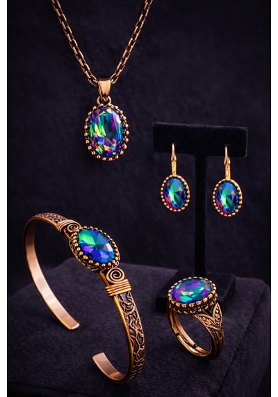 Kadın Bakır Bileklik Yüzük Küpe Kolye Takım Seti Doğal Mistik Topaz Oval Model Bakır Set Diğer