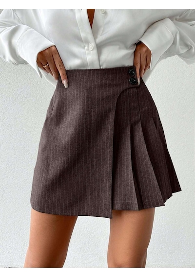 Purpleclo İki Düğmeli Pileli Etek Kahverengi