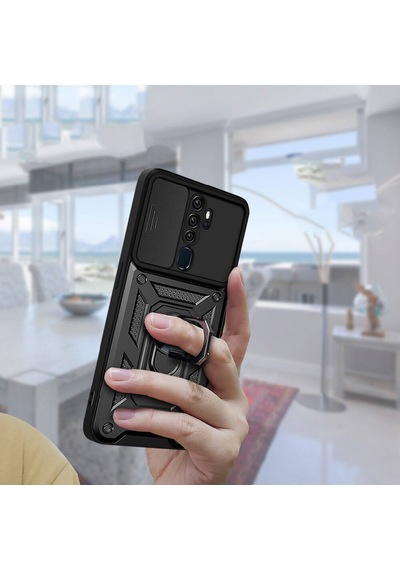 Oppo A5 2020 Kılıf Magnetik Standlı Kamera Korumalı Zore Sürgülü Vega Kapak Siyah