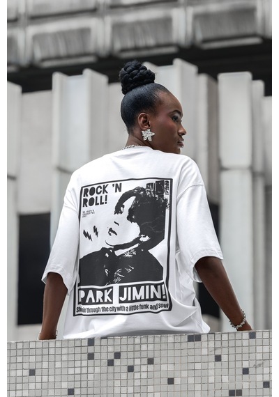Sevbano Rock In Roll Park Jimin Sırt Baskılı Unisex Oversize Şarkıcı Tişö Beyaz