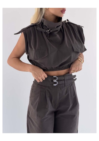 Fashion Cocktail Urban Metal Çift Tokalı Apoletli Büzgülü Bel Crop Dik Yaka Yüksek Bel Ve Kargo Cepli Baharlık Mevsimli Utilitarian Takım kahverengi Fashion Cocktail Urban Metal Çift Tokalı Apoletli Büzgülü Bel Crop Dik Yaka Yüksek Bel Ve Kargo Cepli Baharlık Mevsimli Utilitarian Takım kahverengi