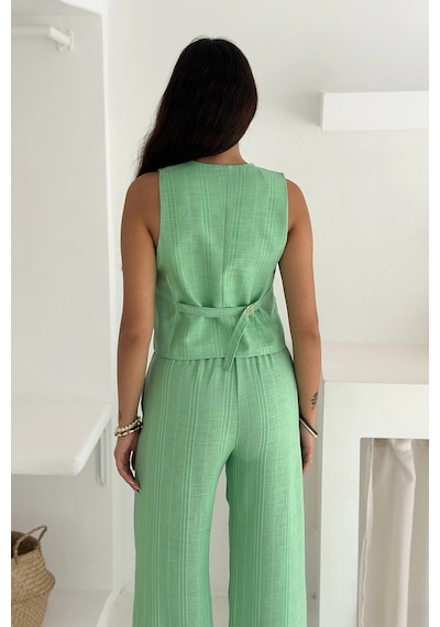 Asprin Fashion Çizgili Kumaş Yelek Takım Yeşil Yeşil