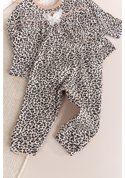 Babymod Leopar Desenli Bandanalı 3'lü Kız Bebek Takım Kahverengi