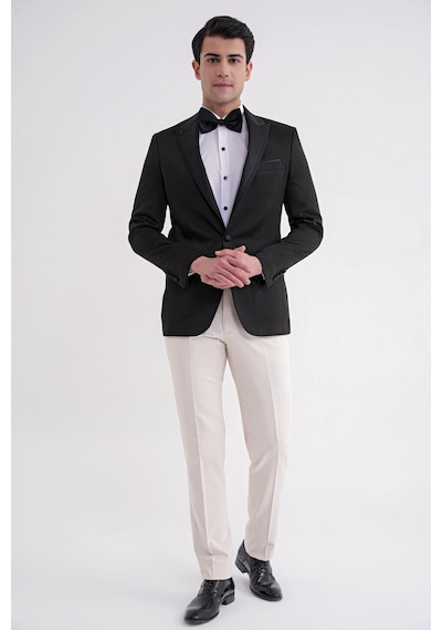 Black 035 Slim Fit Saten Yaka Çift Yırtmaçlı Tek Düğmeli Siyah Damatlık Smokin Ceket Siyah