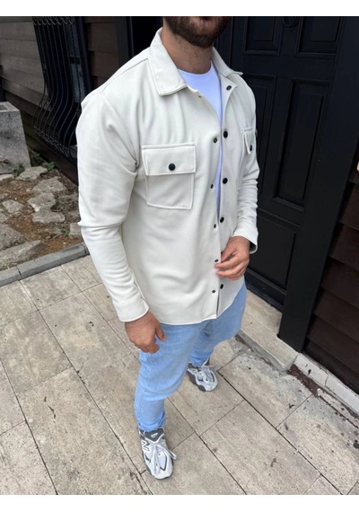 Erkek Diagonal Kumaş Cepli Çıtçıtlı Uzun Kollu, Gömlek Oversize Rahat Kalıp Günlük Şık Stil - Beyaz Beyaz