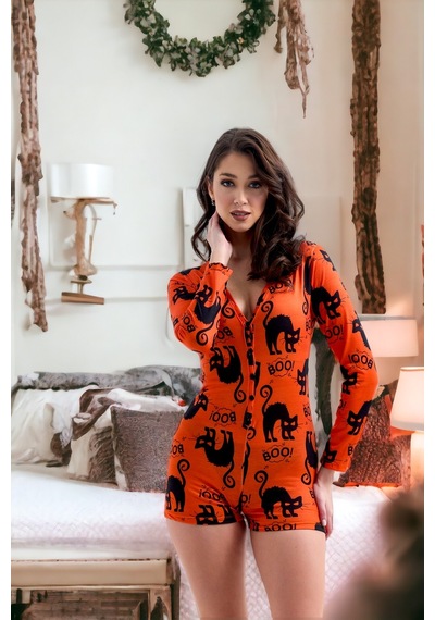 Kadın Giyim Düğmeli Gecelik Kedi Desenli Turuncu Renk Uzun Kol Şortlu Pijama Tulum Turuncu