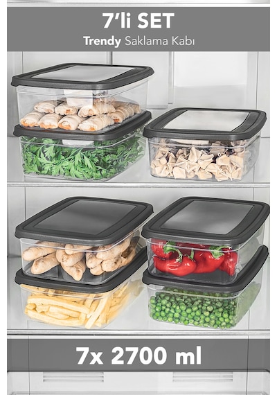 7'li Trendy Buzdolabı Düzenleyici - Mikrodalga Ve Difrize Uygun Organizer Saklama Difriz Kabı 2700ml Gri