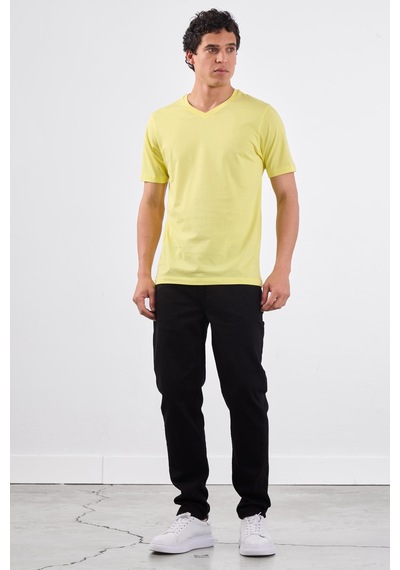 Dufy Sarı V Yaka Pamuklu Düz Renk Slim Fit Erkek T-shirt Sarı