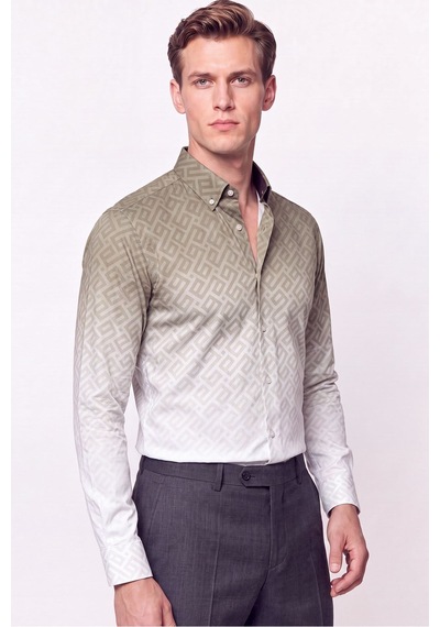 Slim Fit Düğme Yaka Desenli Haki Gömlek G 1611
