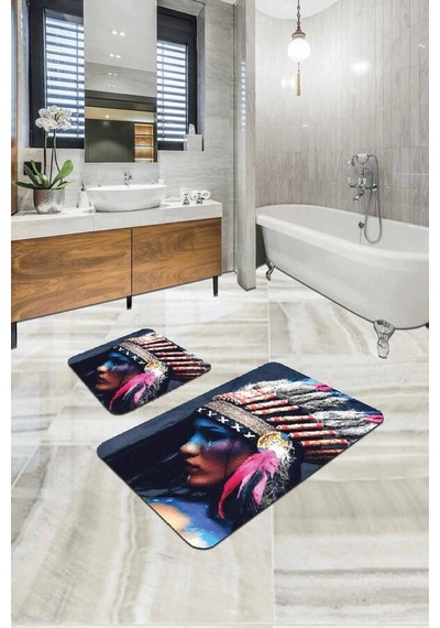 Renkli Etnik Desen Banyo Halısı Klozet Paspas Seti Bs200n11 Çok Renkli