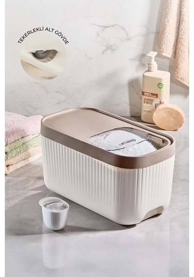 2'li Ölçekli Tekerlekli Kayar Kapaklı Erzak Bakliyat Saklama Kabı 12 Litre Bej