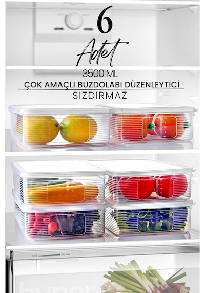 Kitchen Life 6 Adet 3,5 Litre Buzdolabı İçi Düzenleyici Dikdörtgen Erzak Saklama Kabı Seti - Organizeri 3500ml Şeffaf