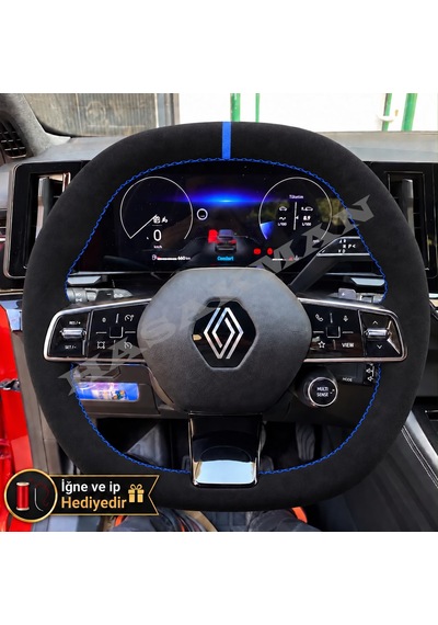 Renault Espace Dikme Direksiyon Kılıfı Full Alcantara Süet Mavi Yüzük Ve Mavi Dikiş 2023-2026 Siyah