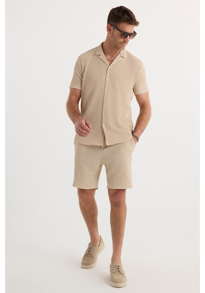 Tudors Erkek Slim Fit Dar Kesim Apaş Yaka Beli Bağcıklı Bej Gömlek Şort Takım-37574 Bej