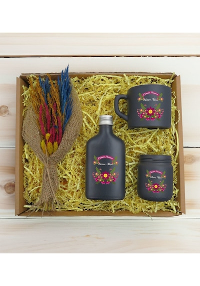 Bk Gift Kişiye Özel İsimli Dtf Anne Temalı Antrasit Kahve Fincanı & Kolonya & Mum & El Yapımı Kuru Çiçek Buketi Hediye Seti-6, Anneye Hediye, Anneler