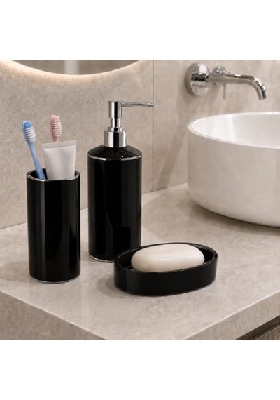 5li Banyo Seti, Beş Parça Düzenleyici, 5 Litre Çöp Kovası, Tuvalet Fırçası, Sıvı Ve Katı Sabunluk, Diş Fırça Ve Macunu Kutusu Siyah Diğer