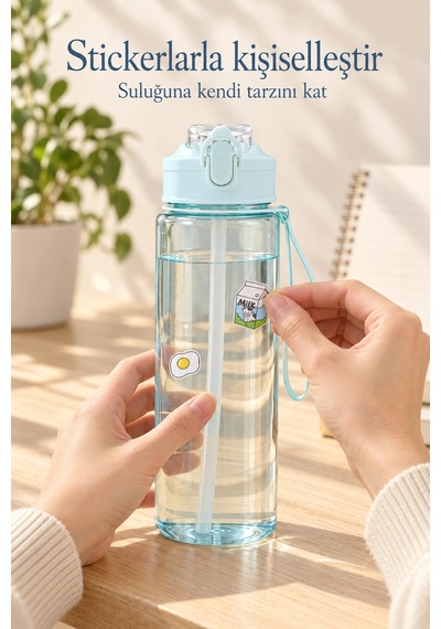 Tilbe Home 3lü Motivasyonel Suluk Matara Seti 2000+750+280ml Pipetli Sticker Askılı Spor Okul Su Şiş Mavi