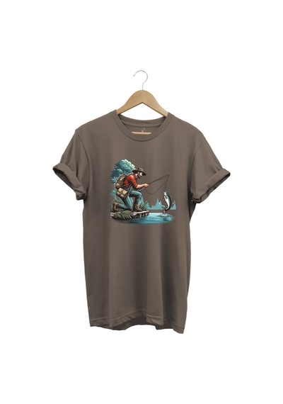 Widi Balık Avı Baskılı T-shirt Kahverengi