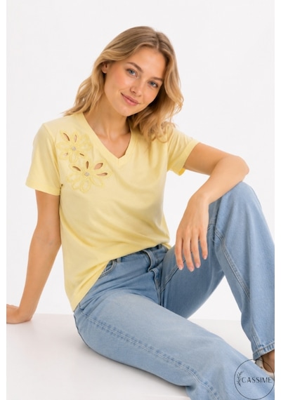 Cassime Kadın Sarı %100 Pamuk Regular/normal Kalıp Çiçek Nakışlı Örme T-shirt