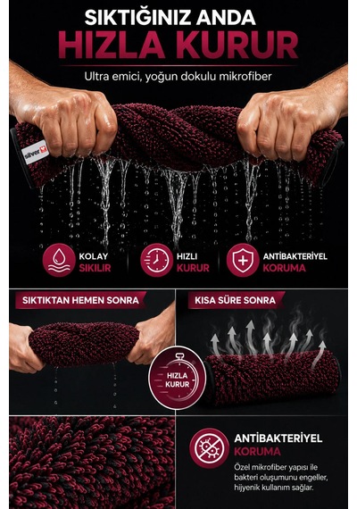 600 Gsm Mikrofiber Araç Kurulama Havlusu 50x70 Cm Ultra Emici İz Bırakmaz Bordo Siyah Kırçıllı