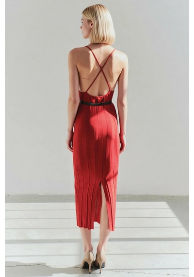 Benerly Kadın Triko Maxi Elbise Kare Yaka Kolsuz Bodycon Kalıp Düz Desen Kırmızı