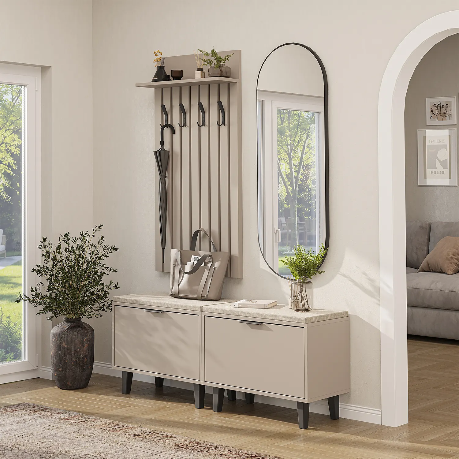Nord Vestiyer Takımı Lambri Askılıklı, 2 Adet Kapaklı Bench, Modüler, Oval Aynalı Portmanto Takımı Kumtaşı Nord Vestiyer Takımı Lambri Askılıklı, 2 Adet Kapaklı Bench, Modüler, Oval Aynalı Portmanto Takımı Kumtaşı