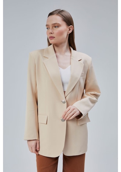 Kadın Oversize Düz Kesim Astarlı Dokuma Blazer Ceket Vizon