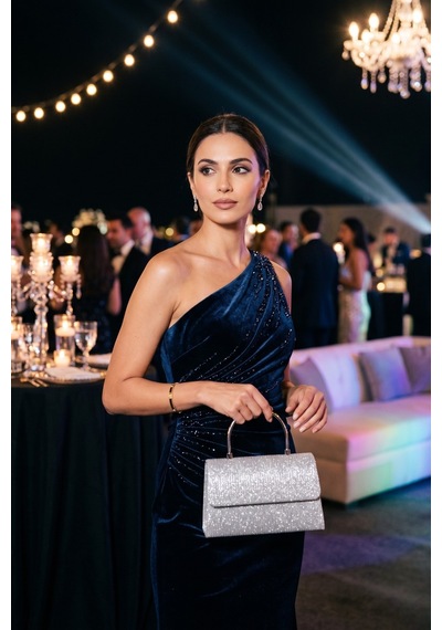 Vellabags Gümüş Parlak Detaylı Kadın Abiye Çanta Açık Gümüş
