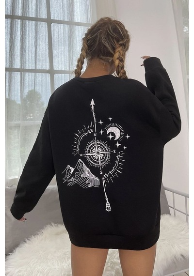 Unisex Pusula Sırt Baskılı Bisiklet Yaka Sweatshirt Siyah