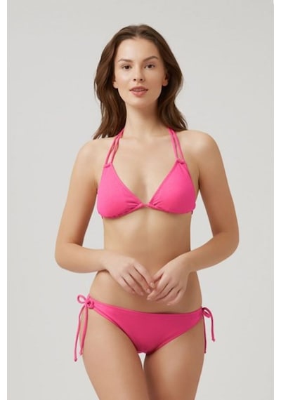 Kom Boyundan Bağlamalı Çıkarılabilir İnce Kaplı Fabyos İpli Dokulu Üçgen Bikini Neon Pembe