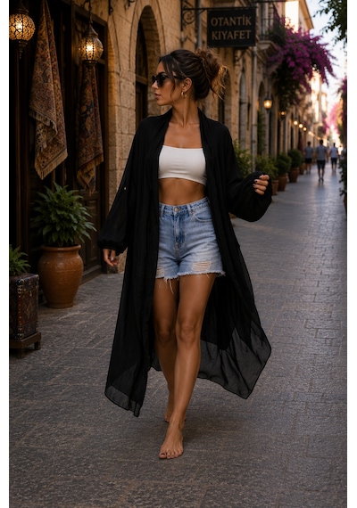 Bohem Stil Itayan Ipek Detaylı Oversize Kaftan- Pantolon Takım Siyah