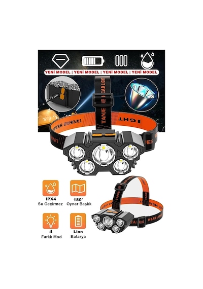 Usb Şarjlı 150w Ultra Güçlü Led Şarjlı 5 Led 5x Cree Led Kafa Feneri Avcı Feneri Balıkçı Kamp Feneri Diğer