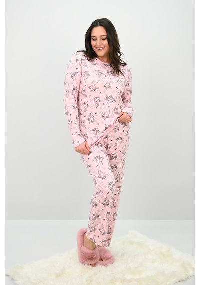 Kadın Büyük Beden Çiçek Desenli Uzun Kollu Pijama Takımı 4235-25 Siyah
