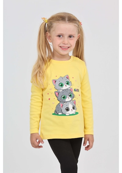 Toontoy Kız Çocuk Üçlü Kedi Baskılı Sweatshirt Koyu Sarı