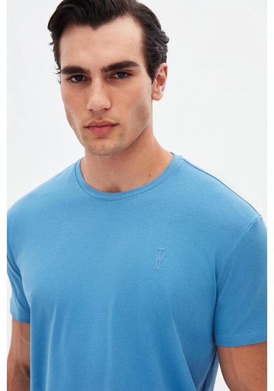 Twn Slim Fit İndigo Düz Kabartma Baskılı T-shirt 4ec148551753m 771