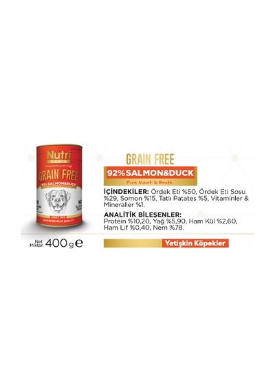 Nutri Canin Tahılsız %92 Somon ve Ördekli Konserve Yetişkin Köpek Maması 12 x 400 G